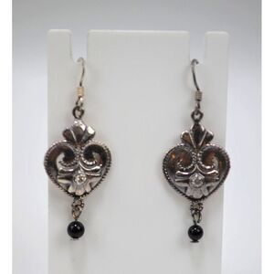 Vtg MC 925 Sterling Pierced Dangle Earrings Silver w/ Rhinestone & Black‎ Bead